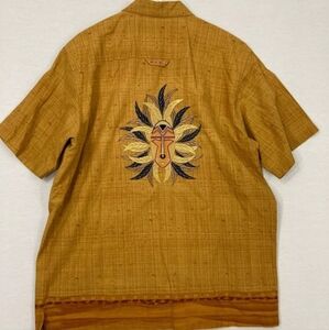 Pelle Pelle Marc Buchanan Tribal Embroidered Linen Blend Button Down Large Shirt